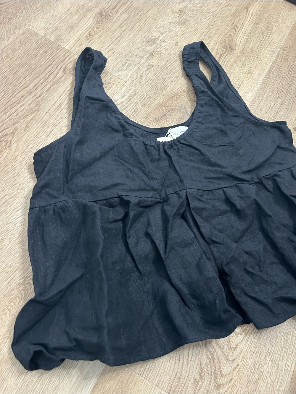 NWT DEIJI STUDIOS 100% Linen Black Boxy Fit Scoop Neck Tank Top